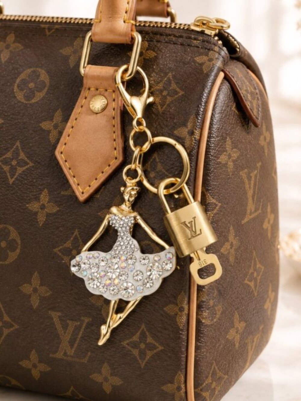 LV Gold Padlock 🔑 + Charm Rhinestone Ballerina Bag Charm